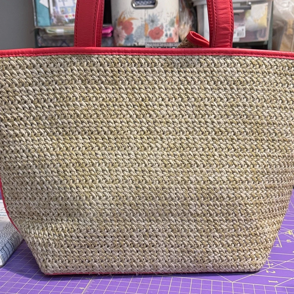 Kate Spade Tan Straw Tote with Red Orange Trim - Picture 5 of 9